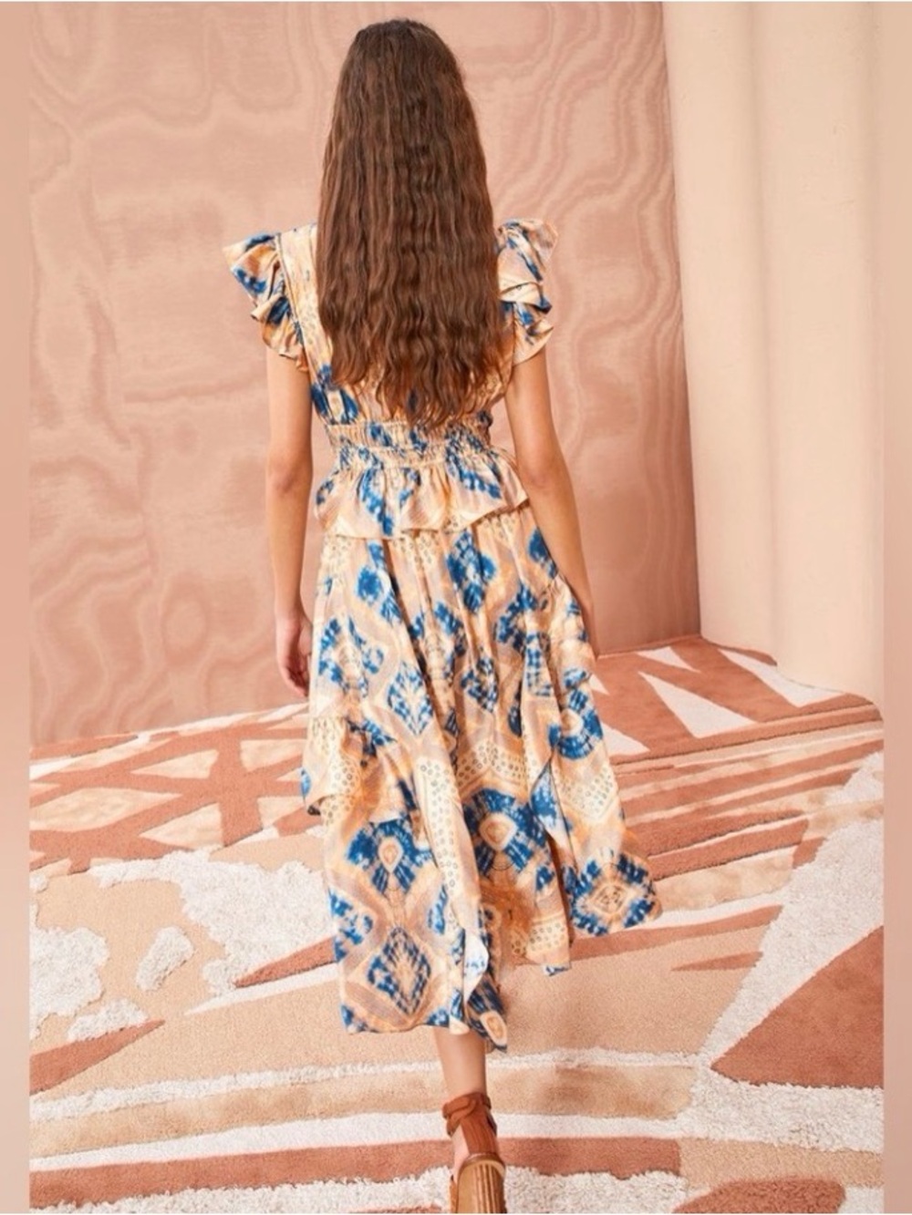 Ulla Johnson Cream and Blue Printed Ruffle Midi Dress - Picture 2 of 5